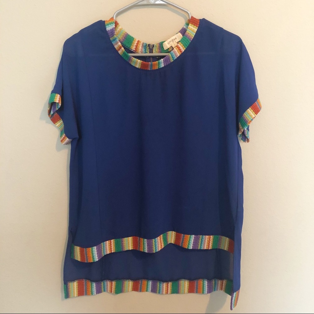 Umgee Sheer Blue Short Sleeved Rainbow Tunic